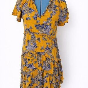 Anthropologie Mustard Floral V-Neck Tiered Mini Dress
